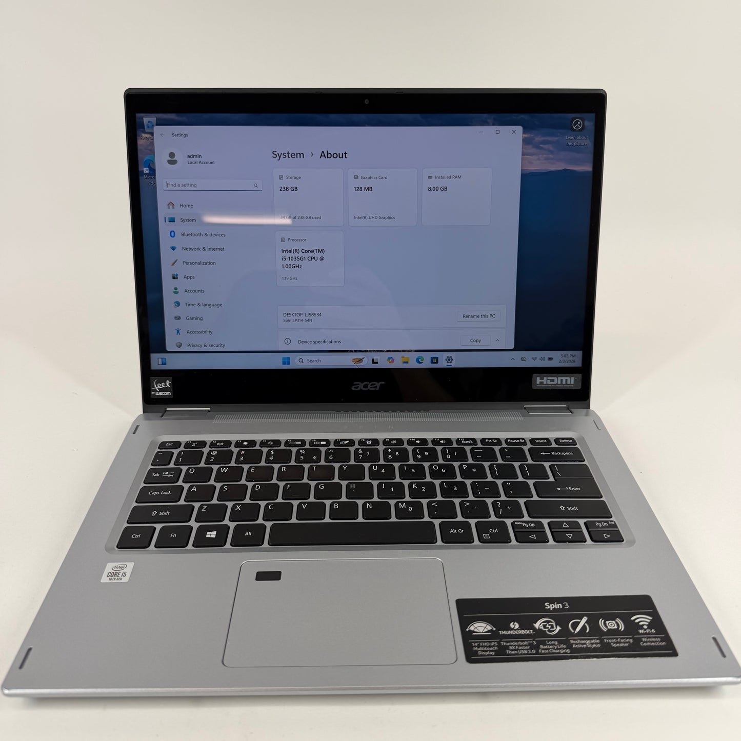 Acer Spin 3 Laptop SP314-54N 14" i5-1035G1 1GHz 8GB RAM 256GB SSD + Accessories