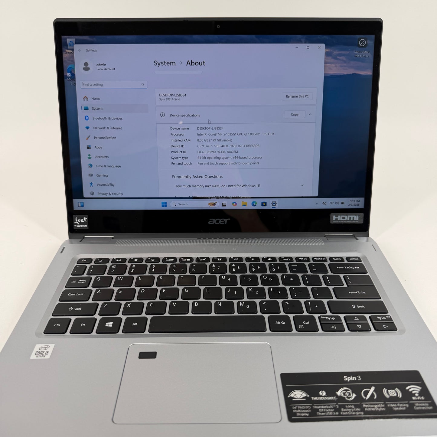 Acer Spin 3 Laptop SP314-54N 14" i5-1035G1 1GHz 8GB RAM 256GB SSD + Accessories